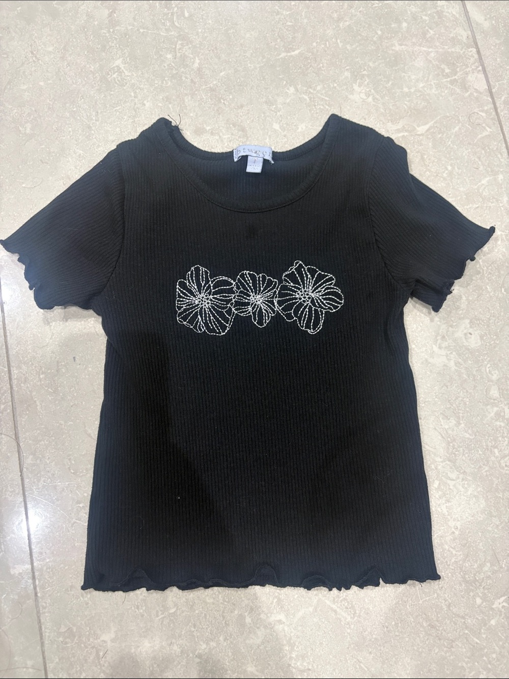 Black Ribbed Tee with White Floral Embroidery
